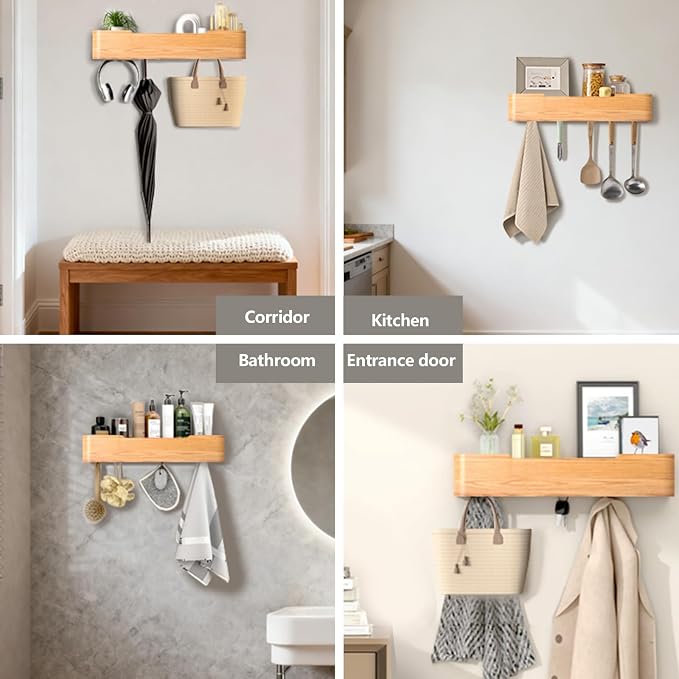 Wall Mounted Coat Rack with Shelf, Wooden Entryway Organizer with Hidden Metal Hooks for Hanging Coats Bags Keys, Modern Floating Shelf for Hallway Bathroom - Image 6