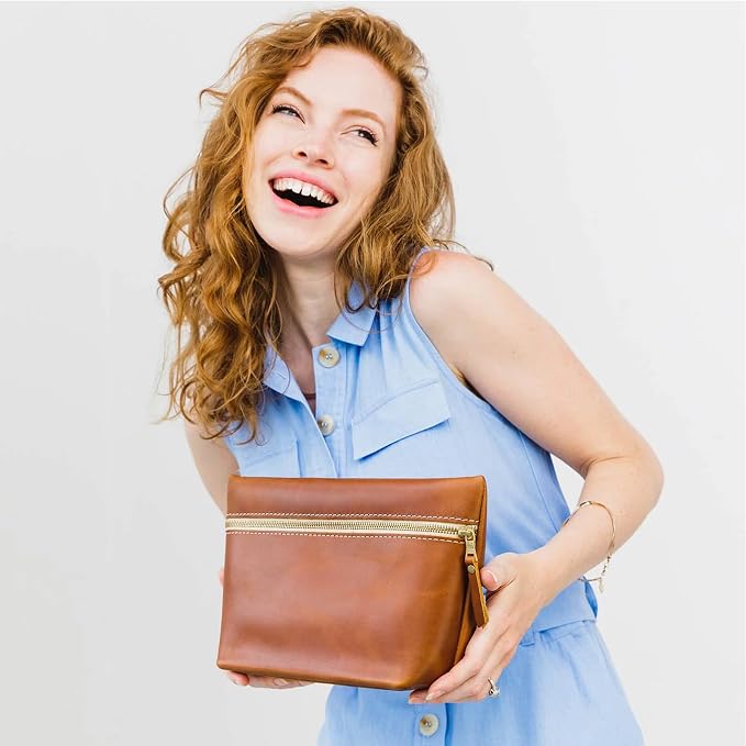 Portland Leather Goods Makeup Bag – Travel Friendly Cosmetic Bag with Zipper Closure for Organizing Makeup & Toiletries – Handmade from the Finest Full-Grain Hides – Large, Honey - Image 5