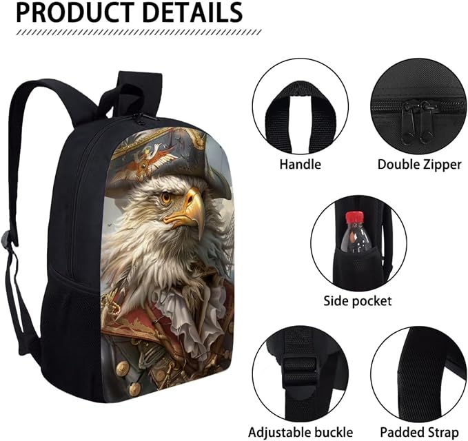 17 Inch Animal Print School Backpack And Lunch Box Set for Kids Lightweight Pirate Bald Eagle Backpack for Boys Girls Sturdy School Bag with Insulated Lunchbox Pencil Case Student Bookbag - Image 4