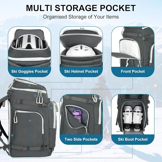 Ski Boot Bag, 65L Waterproof Ski Bag & Snowboard Boot Bag, Travel Backpack for Skis Snowboard Helmet Goggles & Accessories - Image 3