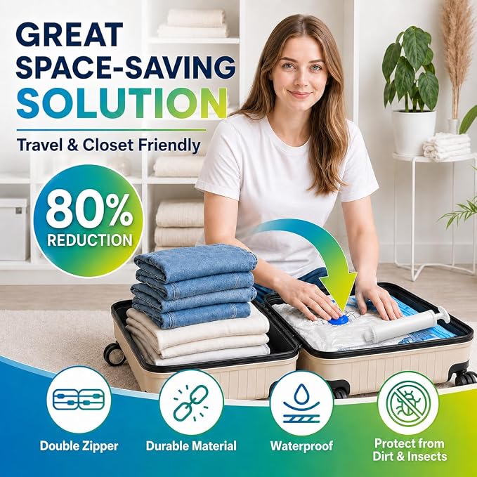 Vacuum Storage Bags,30Pack Vacuum Seal Bags for Clothing,Travel,Clothes,Comforters,Blankets,Pillows-6 Jumbo+6 Large+6 Medium+6 Small+6 Roll Up Space Saving Bag Hand Pump Included - Image 3