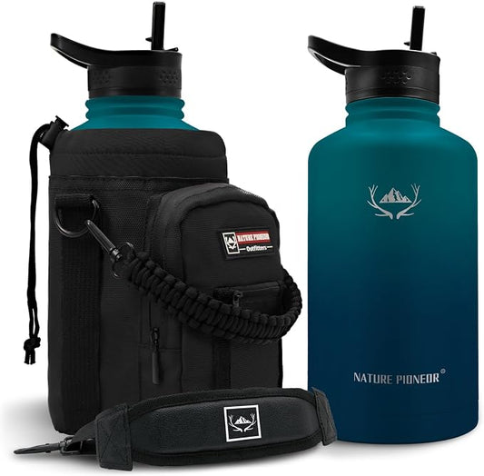NATURE PIONEOR 64 oz Insulated Water Bottle with Carrier Bag & 3 Lids | 18/8 Food-grade Stainless Steel, Double Vacuum Insulation, 3 Leak-proof Lids, Strap, Camping, Hiking, Gym, Work by NATUREPIONEOR