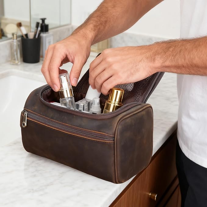 TIDING Mens Leather Hanging Toiletry Bag Travel Shaving Kit Portable Makeup Cosmetic Organizer Wash Case - Image 6