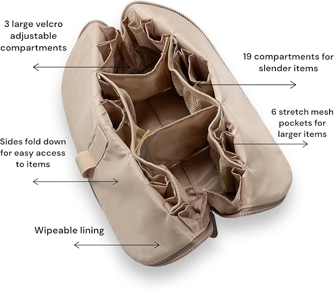 THE VERTI-Vertical Waterproof Makeup & Toiletry Bag | 23-Pocket Organizer with Upright, Fold-Down Design for Skincare, Toiletries & Essentials (Sandstone) - Image 4