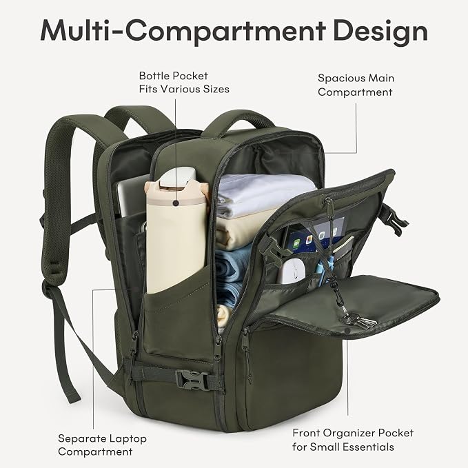 mibasies 40L Travel Backpack for Women & Men: Carry On Luggage Flight Approved, TSA Laptop Backpack with Water Bottle Pocket, Personal Item Bag Fits 17" Laptop for Weekender Business - Deep Green - Image 4