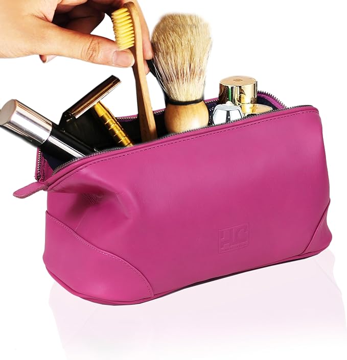HLC Leather Toiletry Bag for Men Best Gift Premium Genuine Dopp Kit Shaving Kit Organizer Travel Kit Pouch Bag 10 inch Size (Pink) - Image 2