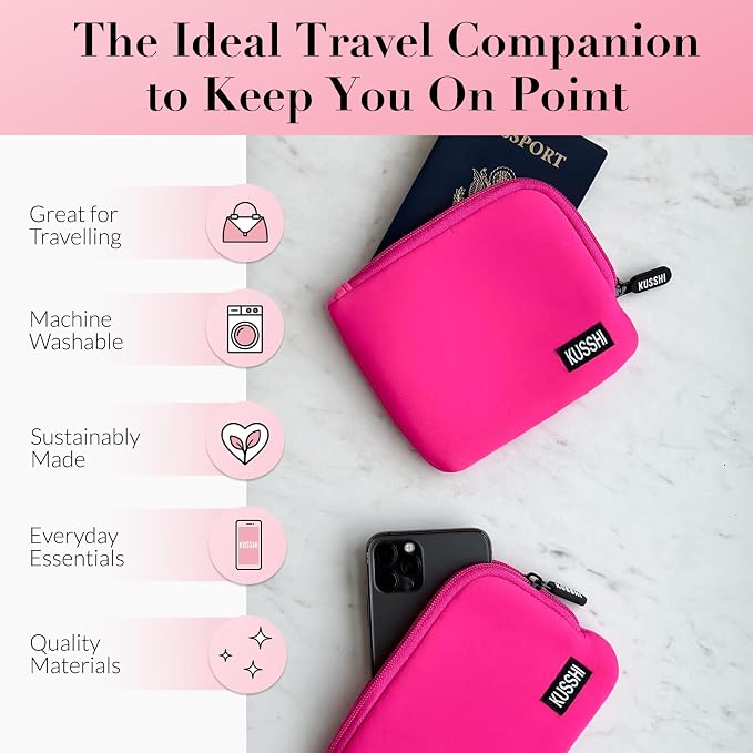 KUSSHI 2pc Neoprene On-The-Go Pouch Set - Passport Holder and Travel Zipper Makeup Pouch for Purse - Small Purse Pouch for Organization, Electronics, Glasses & Valuables (Pink) - Image 3
