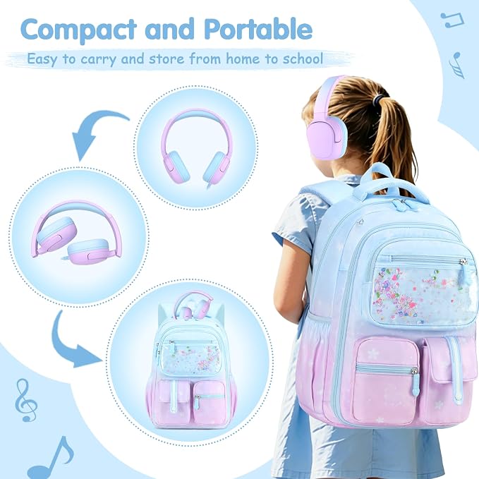 ACESAK Kids Backpack for Girls, Mermaid Backpack Set with Over-ear headphones, Lunch Bag Set for School, Girls Backpack for Elementary Middle school Teen Student(Blue Purple) - Image 5