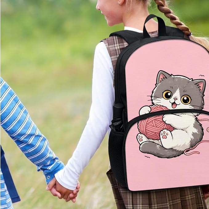 Cartoon Cat Pink Girls Backpack Set, 4 Piece School Bookbag with Lunch Box and Pencil Case Water Bottle for Kids, Water Resistant Middle Elementary School Backpack Schoolbag Daypack - Image 7