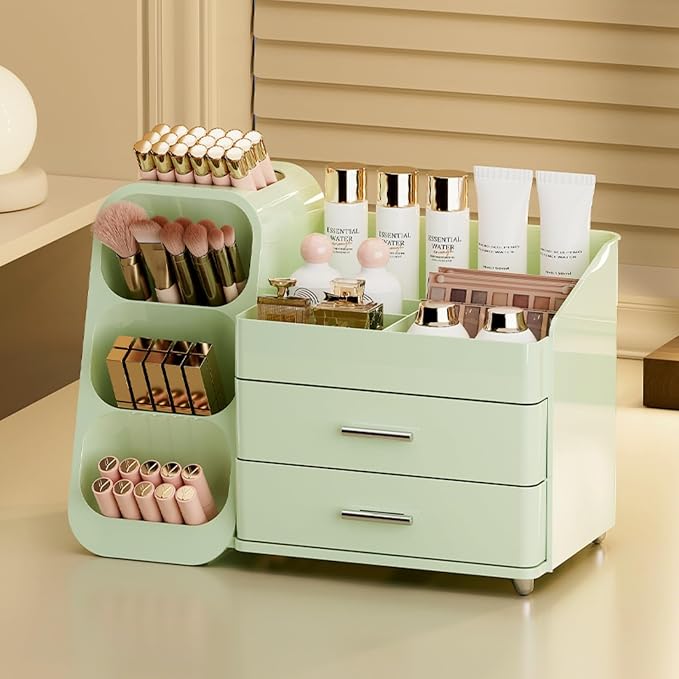 Booklov Large Makeup Organizer for Vanity and Bathroom Countertop, Green | Plastic Cosmetic Display Case with Drawers, Beauty Brush Holder for Dresser Counter Skin Care Eyeshadow Lipstick Storage - Image 3