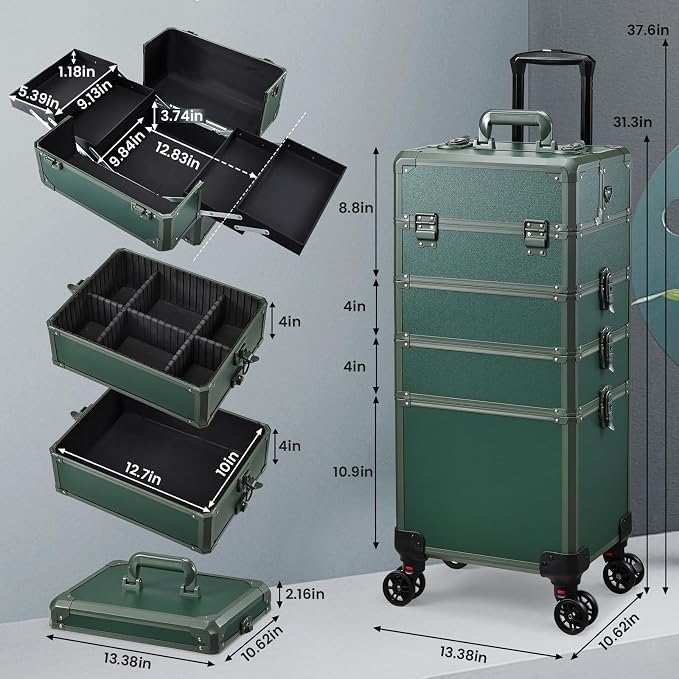 Rolling Makeup Case Makeup Train Case with Lid 5 in 1 Cosmetology Case on Wheels Cosmetic Trolley Organizer Large Makeup Organizers Case Profesional Cosmetic Case for Salon Barber Nail Beauty, Green - Image 5
