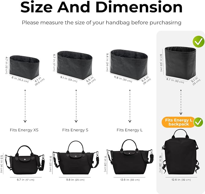 Purse Organizer Insert for Le-Pliage Energy Large Backpack Handbag,Custom Fit Inside Premium Lightweight Water Resistant Purse Insert with Zipper(Matte Black) - Image 2