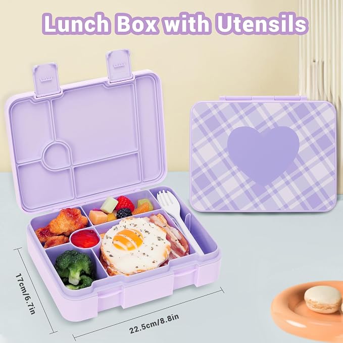 ACESAK Girls Backpack - Bento Box with Insulated Lunch Bag Pencil Case & Utensils Set for Kids, 6 Leakproof Compartments Removable Tray Lunches or Snack Container for School (Purple) - Image 4