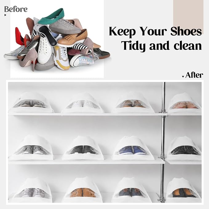 Shappy 50 Pcs White Travel Shoe Bags Non Woven Packing Drawstring Sacks Clear Window Large Storage Pouch Organizer for Men Women - Image 4