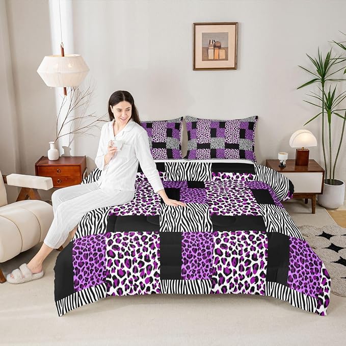Erosebridal Purple Leopard Bedding Set Patchwork Cheetah Print Comforter Sets King Size for Girls Teens Adults Women Bedroom Black Zebra Pattern Duvet Sets Animal Skin Down Comforter 2 Piece - Image 4
