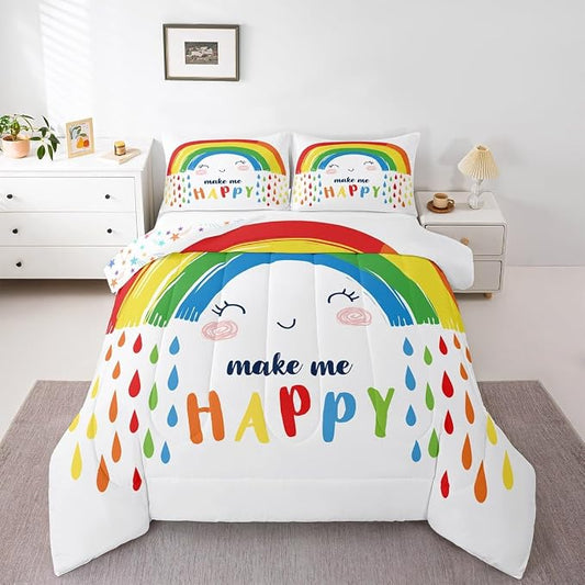 Erosebridal Rainbow Comforter Set Twin Size, Cartoon White Colorful Rainbow Bedding Set for Kids Girls Boys Children, Kawaii Quilted Comforter Ultra Soft Decorative 2 Piece with 1 Pillow Case by Erosebridal