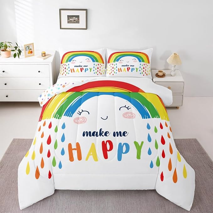 Erosebridal Rainbow Comforter Set Queen Size, Cartoon White Colorful Rainbow Bedding Set for Kids Girls Boys Children, Kawaii Quilted Comforter Ultra Soft Decorative 3 Piece with 2 Pillow Cases by Erosebridal