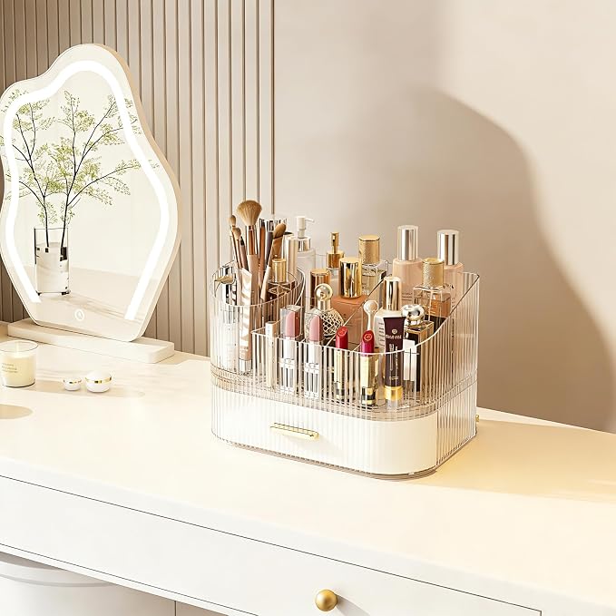 Makeup Organizer with 360° Rotating Brush Holder and Stackable Drawers, Cosmetic Display Case for Vanity, Bathroom Countertop (White, 2 Layer) - Image 6