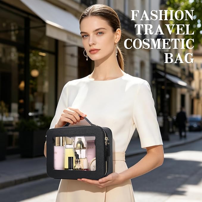 Travel Makeup Bag, Black, L+Slim | With Brush Case, Transparent, Waterproof, Zipper Closure - Image 8
