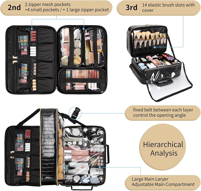 OCHEAL 18 Inch Rolling Makeup Train Case, Extra Large Travel Cosmetic Organizer Storage Trolley with Wheels, 3 Layers & 3 Travel Makeup Bags Carry On for Hairstylist Cosmetology Artist - Image 3