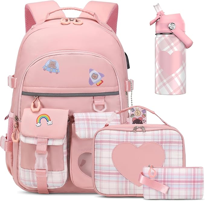 ACESAK Backpack for Girls with Insulated Water Bottle, Bookbag Backpack for Girls Kids, 14oz Kids Water Bottle Stainless Steel, Lunch Bag & Pencial Case, Back To School Gift (Pink) by ACESAK
