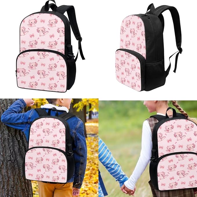 3Pcs Axolotl Bow Backpacks Set for school, Kids Bookbag Students Knapsack with Insulated Lunch Box Pencil Case for Teens Girls - Image 2