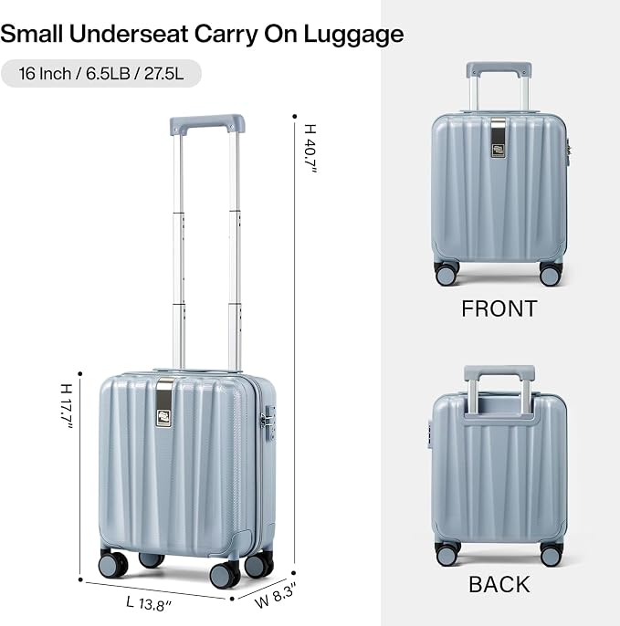 Hanke 16 inch Underseat Carry on Suitcases with Wheels,Lightweight Hard Shell Carry on Luggage with Wheels for Weekender,Travel Approved Small Suitcase,Travel Luggage for Womem Men,Gray. - Image 3