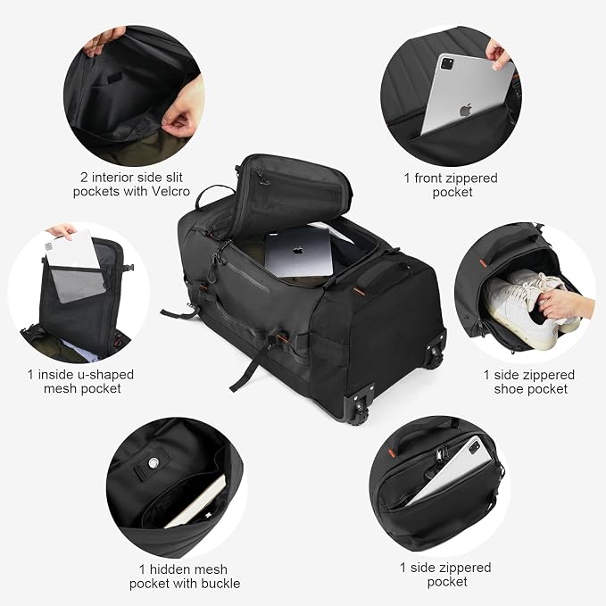 Vomgomfom 86L Foldable Duffle Bag with Wheels - Waterproof Rolling Travel Bag, Collapsible Luggage No Telescopic Handle, for Men Women Camping Sports Weekend Trips,Black - Image 6