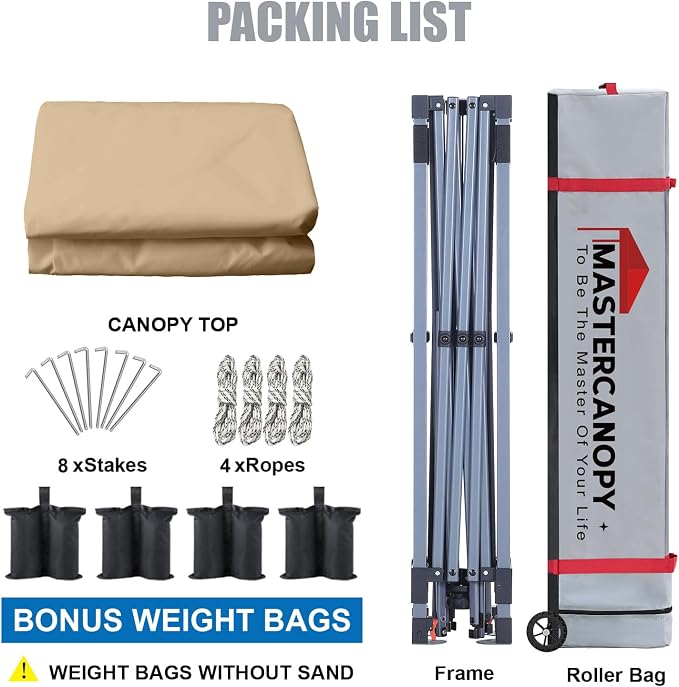 MASTERCANOPY 10x10 Pop Up Canopy Tent, 1 Person Setup Instant Shelter,Outdoor Portable Beach Canopy with Roller Bag, 4 Sandbags, 4 Ropes, 8 Stakes (10x10, Sand) - Image 5