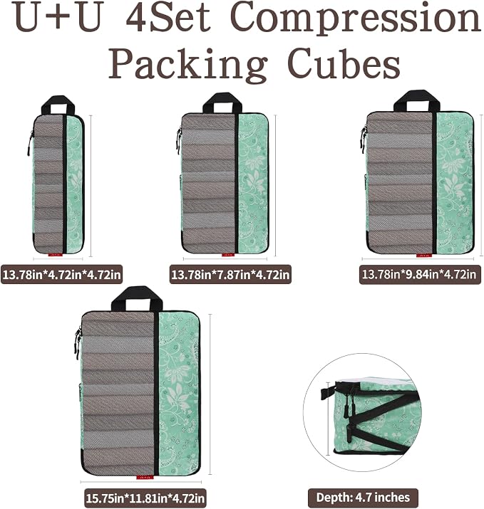U+U 4 Set Compression Packing Cubes - Ultralight Travel Organizers, Space-Saving Suitcase Organizer, Expandable Packing Cubes for Travel, Business Trip and Family Vacation (Green Paisley) - Image 3
