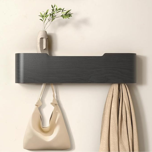 Wall Mounted Coat Rack with Shelf, Wooden Entryway Organizer with Hidden Metal Hooks for Hanging Coats Bags Keys, Modern Floating Shelf for Hallway Bathroom by VERASCOT