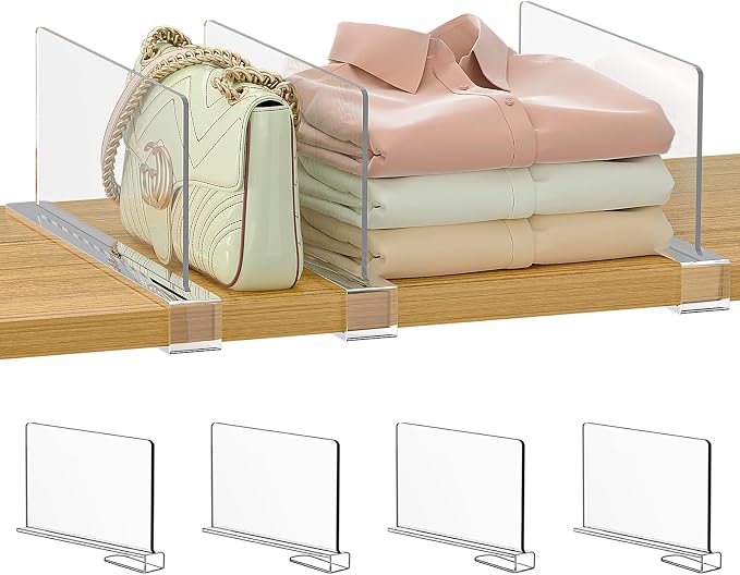Purse Organizer for Closet Shelf Dividers: 6-inch Tall (Shorter Version) Adjustable Clear Acrylic Bag Storage Organizer for Handbags, Sweaters, Towels, Jeans and Shoes on Wood Shelves 4-Pack by Saccik