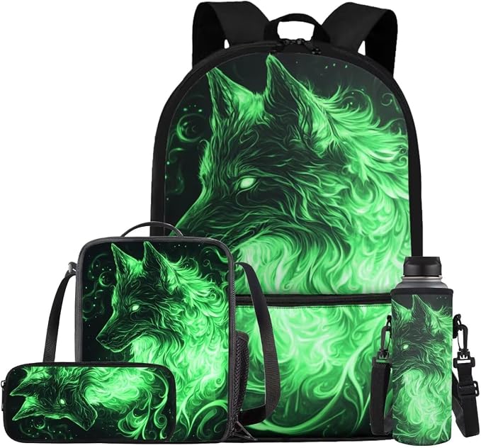 Galaxy Wolf Backpack for Boys Girls Backpack with Lunch Box Water Bottle Carrier and Soft Pencil Pouch 4PCS Set Bookbag with Front Pocket for School 17 inch Large Capacity School Bag for Kids by ELEDIZI