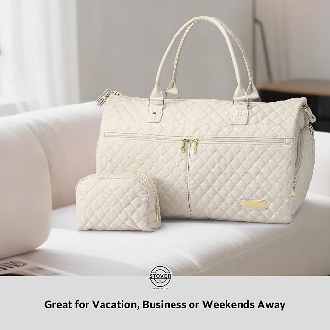 STOVER Women’s Convertible Garment Duffel Bag for Travel – 2-in-1 Carry-On Weekender/Overnight Tote - Wrinkle-Free Dresses, Suits & Clothes + Shoe Compartment & Bonus Toiletry Bag (Cashmere Cream) - Image 8