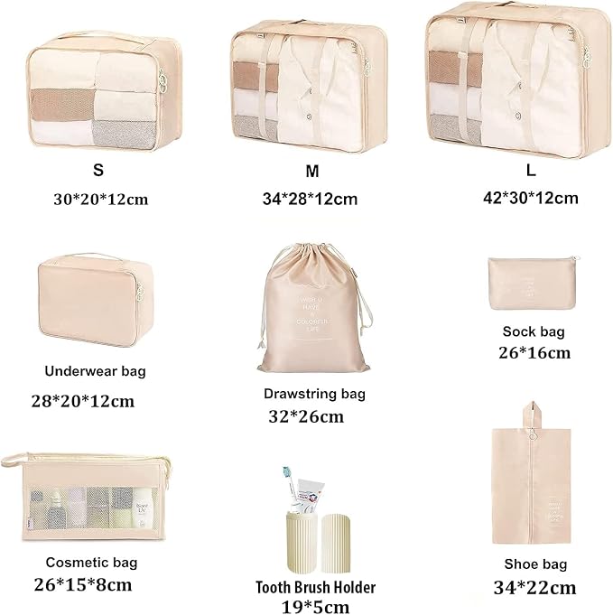 8 Pcs Packing Cubes, Travel Luggage Organizer for Men and Women, Toiletry Bag, Packing Cubes for Travel - Set of 8, 2. Beige, 9 Pieces Set with Toothbrush Holder, Travel Accessories - Image 2