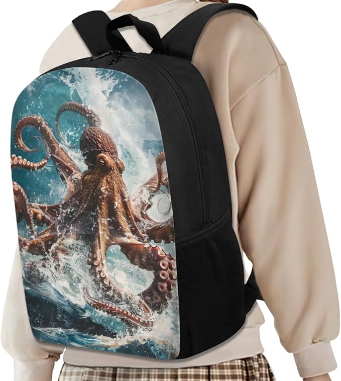 17 Inch Animal Print School Backpack And Lunch Box Set for Kids Lightweight Angry Sea Octopus Backpack for Boys Girls Sturdy School Bag with Insulated Lunchbox Pencil Case Student Bookbag - Image 2