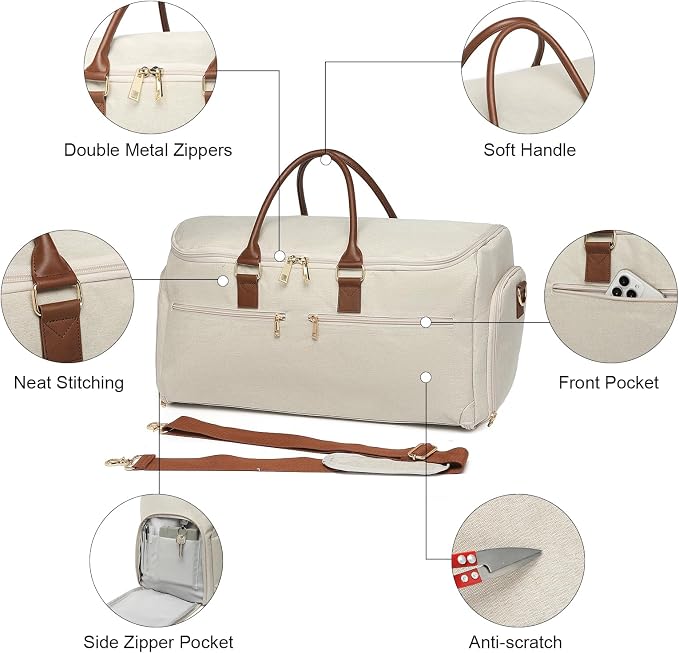 seyfocnia Carry On Garment Bag for Women, Convertible Travel Garment Bag, 2 in 1 Hanging Suitcase Suit Business Travel Bag Overnight Bag, White Brown - Image 4