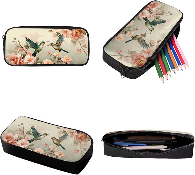 Rose Floral Hummingbird Print Backpack Set 17 Inch Schoolbag Large Capacity Bookbag Lunch Box Pencil Case Casual Rucksack Lightweight Daypack with Ergonomic Straps for Hiking - Image 6
