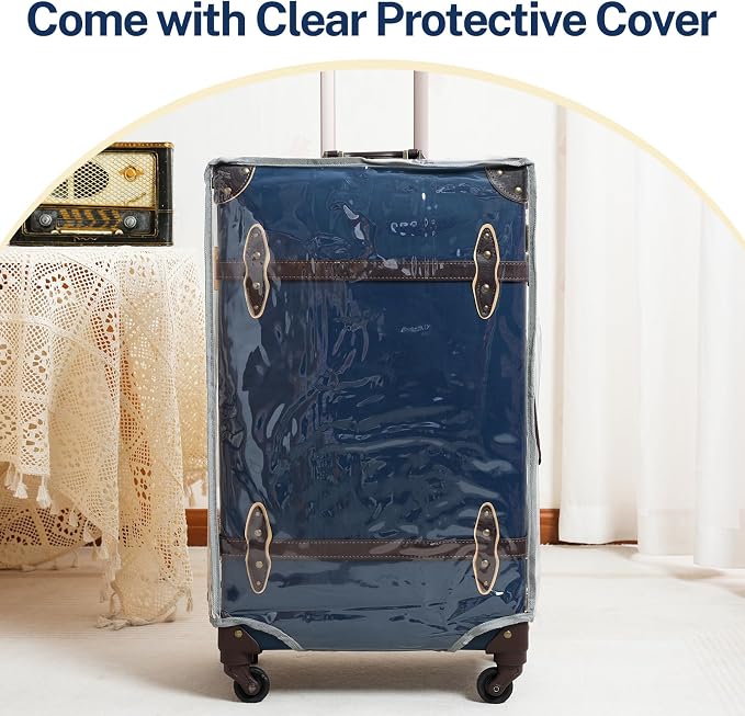 urecity 26" Vintage Luggage Set, 2 Piece Navy Blue Retro Checked Suitcase with Cosmetic Case, Luxury Vegan Leather Aluminum Frame Spinner Trunk for Women (with Protective Clear Cover) - Image 7