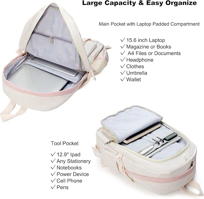 LXYGD Laptop Backpacks 16 Inch School Bag College Backpack 3 PCS with Lunch Box Pencil Pouch Set Large Travel Daypack Kawaii Bookbags for Teens Girls Women Students (Off-white) - Image 2