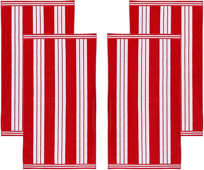 Superior Oversized Cotton Beach Towel Set of 2, Absorbent Towels for Bathroom, Pool, Swim, Adults, Kids, Vacation, Travel, Bath Sheet, Quick Dry Basics, Trip Essentials, Striped Decor, Red - Image 2