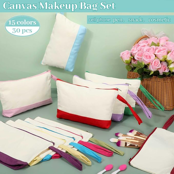 Silkfly 30 Pcs Cotton Canvas Makeup Bags Cosmetic Zipper Bags 10.2 x 5.5 x 2'' Blank DIY Pouch Bulk Pencil Case with Bottom Travel Toiletry Pouch for Women Craft Decor Gift (Cute) - Image 4