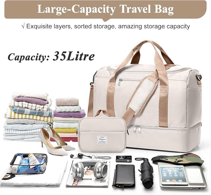 Travel Duffel Bag,Carry-On Overnight Weekender Bags with Shoes Compartment | Travel Bag with Wet Pocket & Toiletry Bag,For Spirit Airlines 18x14x8 Personal Item Bag,Small,Beige & Brown - Image 3