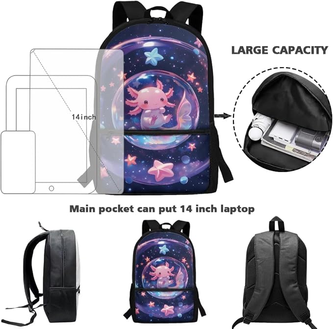 Bubble Axolotl Kids 4-in-1 School Backpack Set, 17'' Cute Bookbag with Insulated Lunch Box, Pencil Case & Water Bottle Holder, Perfect for School Travel Camping, Gift for Girls Age 6-12 - Image 4