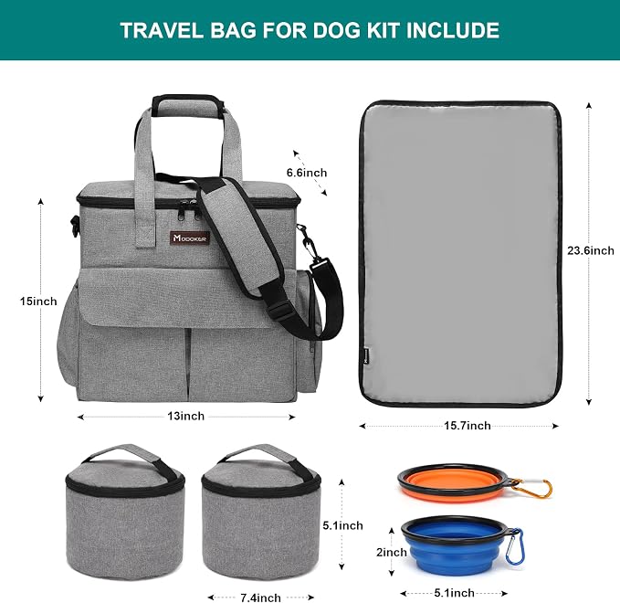 Modoker Dog Travel Bag with 2 Food Bags, 2 Bowls and 1 Mat (Grey) | Roomy Main Compartment | Multiple Functional Pockets | Water-Resistant Oxford Fabric | PVC Backing | Leak-Resistant Lining - Image 4