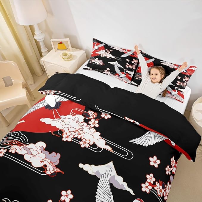 Erosebridal Crane Duvet Cover Full Size Japanese-Style Bedding Set Cherry Blossoms Pattern Adult Women Girls Comforter Cover 3 Pieces Japanese Traditional Pattern Decor Comforter Set with Zipper Ties - Image 4