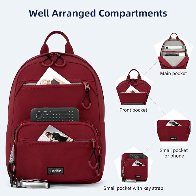 HanTrip Carry On Travel Backpack For Men Women, 13 Inch Small Mini Work Bag Personal Item Backpacks, Camping Back Pack Lightweight Hiking Daypack For Office Nurse Commuter (Burgundy) - Image 3