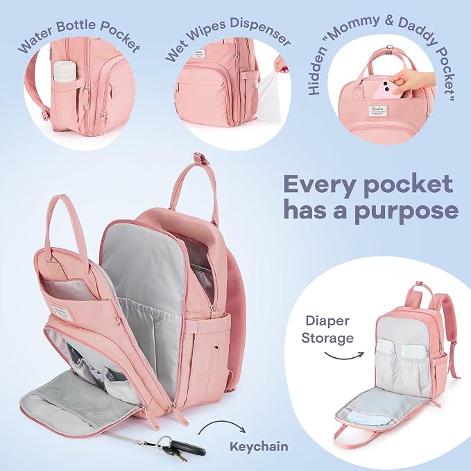 RUVALINO Diaper Bag Backpack, Multifunction Travel Back Pack for Girls, Maternity Baby Changing Bags with Changing Pad for Mom, Large Capacity, Waterproof and Stylish, Pink - Image 3