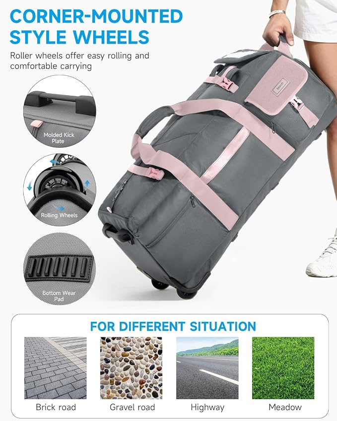 Foldable 90L Rolling Duffel Bag with Wheels, 4-in-1 Carry Water-resistant Travel Duffle with Shoe Compartment&Quick-Access Pockets, Multi-Purpose Bag for Gym, Camping - Image 6