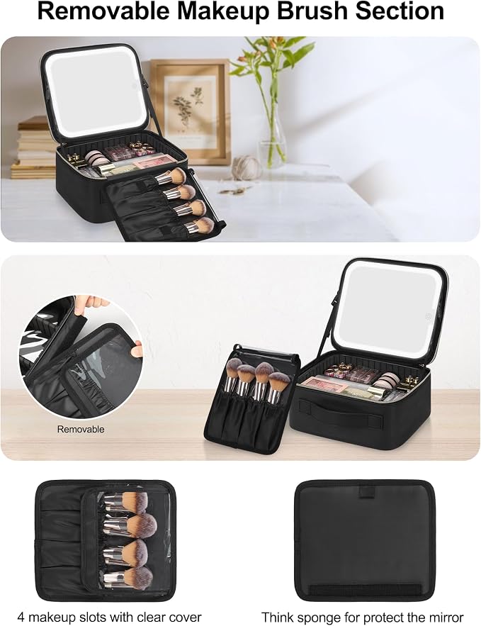 Chomeiu Makeup Bag with LED Mirror, Travel Makeup Case for Women and Makeup Artists Cosmetic Organizer Large Make Up Bags with Light Up Mirror, 3 Color Lights, Adjustable Dividers and Brush Holder - Image 3
